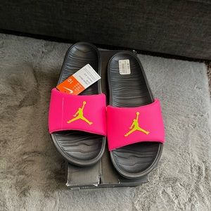 Jordan Break Slides in Black, Pink & Green